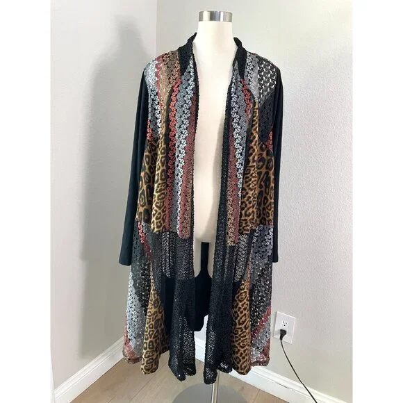 Avenue Womens Plus 26/28 Cardigan Duster Mix Media Animal Print Lace Mid Length - Picture 1 of 12
